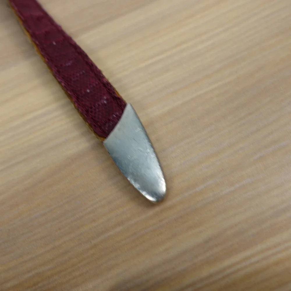 Women’s Burgundy Leather Slim Belt with Geometric Silver Buckle